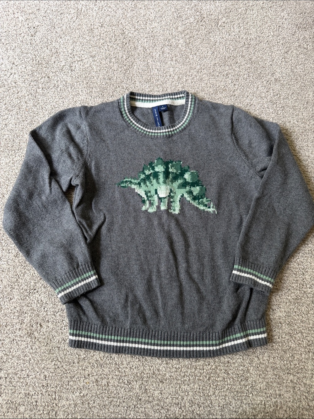 Janie and Jack Gray Crewneck Sweater with Green Dinosaur